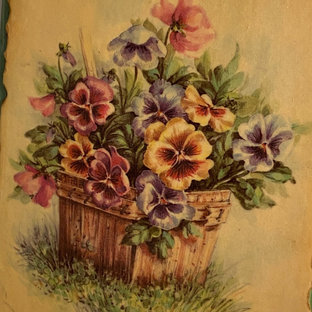 Vintage flower art wood wall hanging  ppansy flower basket card painted MCM 70s - Picture 13 of 16